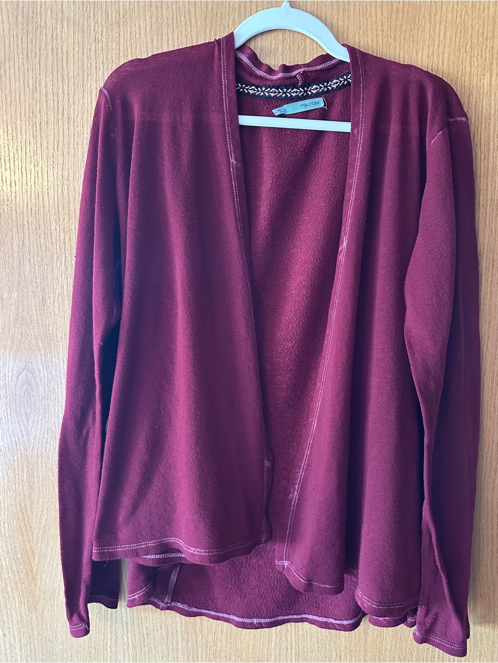 Maurices Burgundy Open Front Cardigan L Boho Embroidered Trim